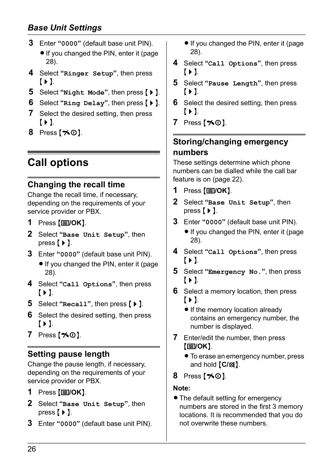 Panasonic KX-TG1810NZ Changing the recall time, Setting pause length, Storing/changing emergency numbers 