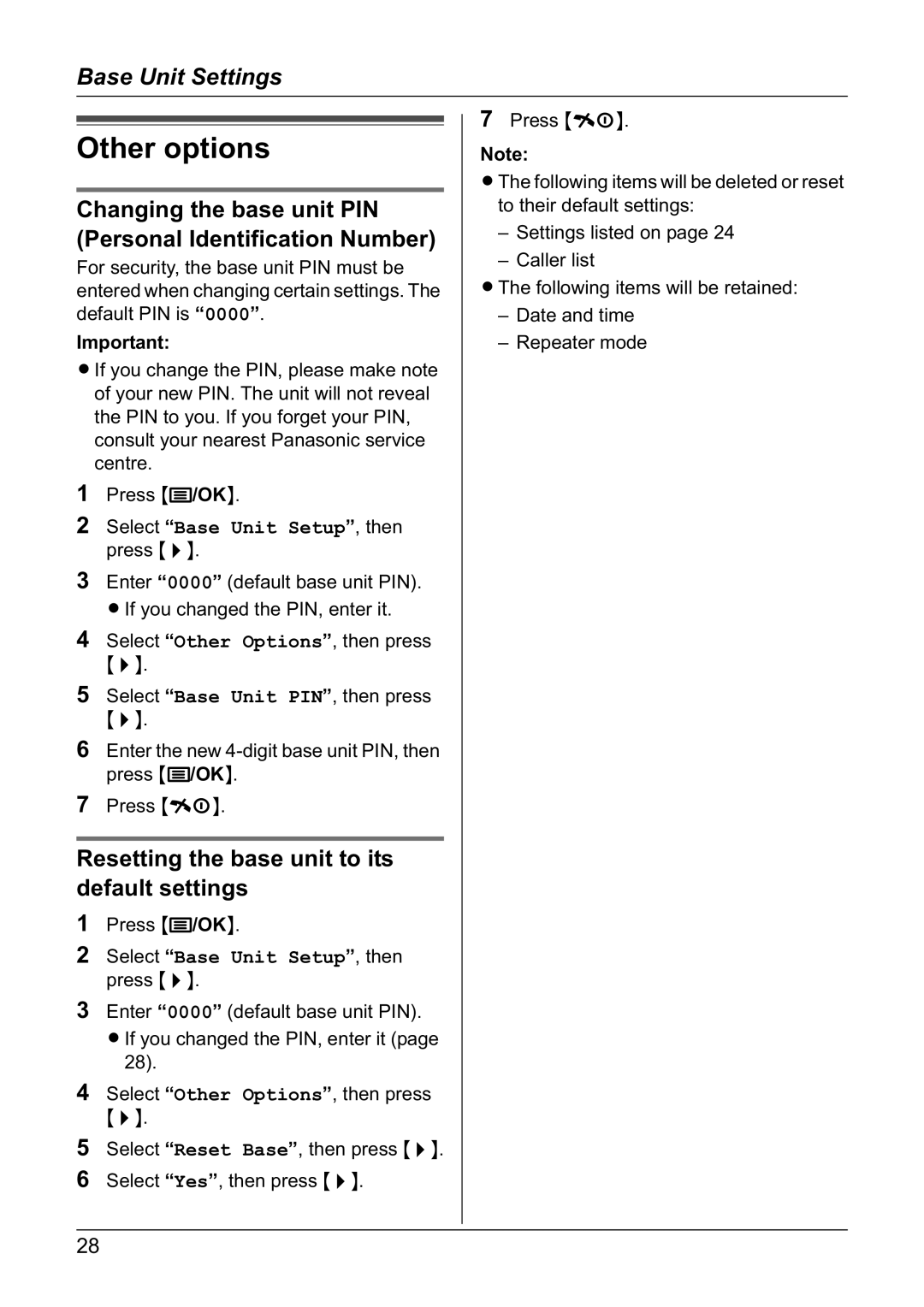 Panasonic KX-TG1810NZ operating instructions Changing the base unit PIN Personal Identification Number 