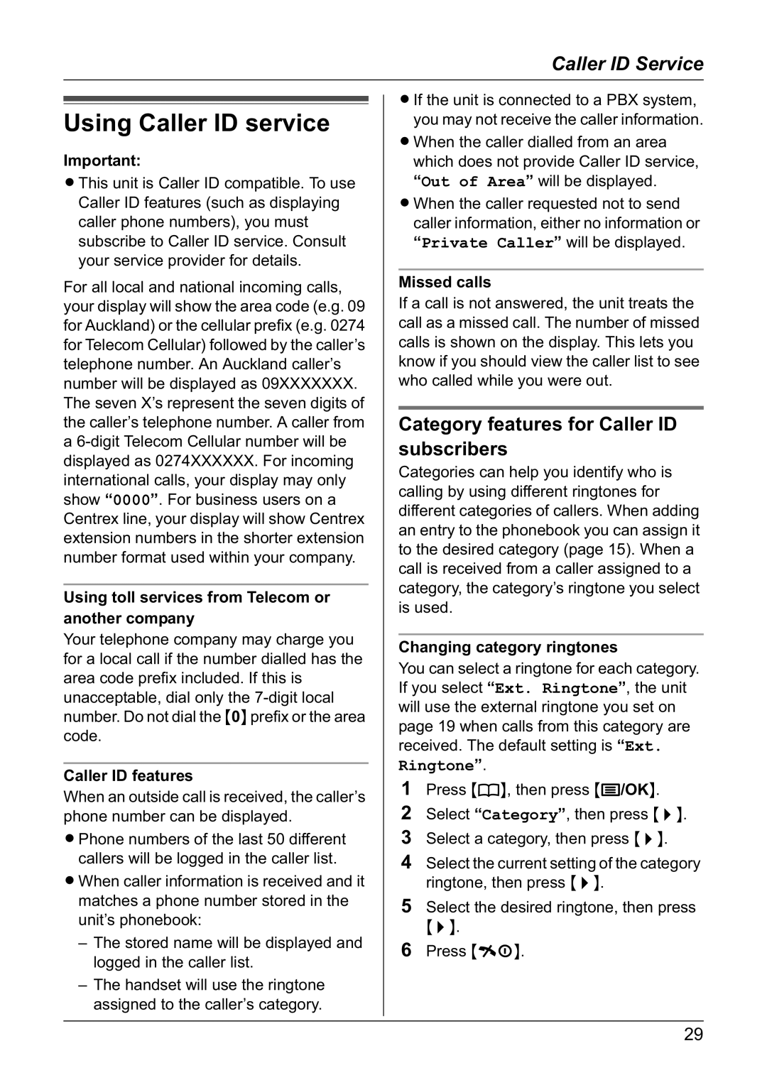 Panasonic KX-TG1810NZ operating instructions Using Caller ID service, Category features for Caller ID subscribers 