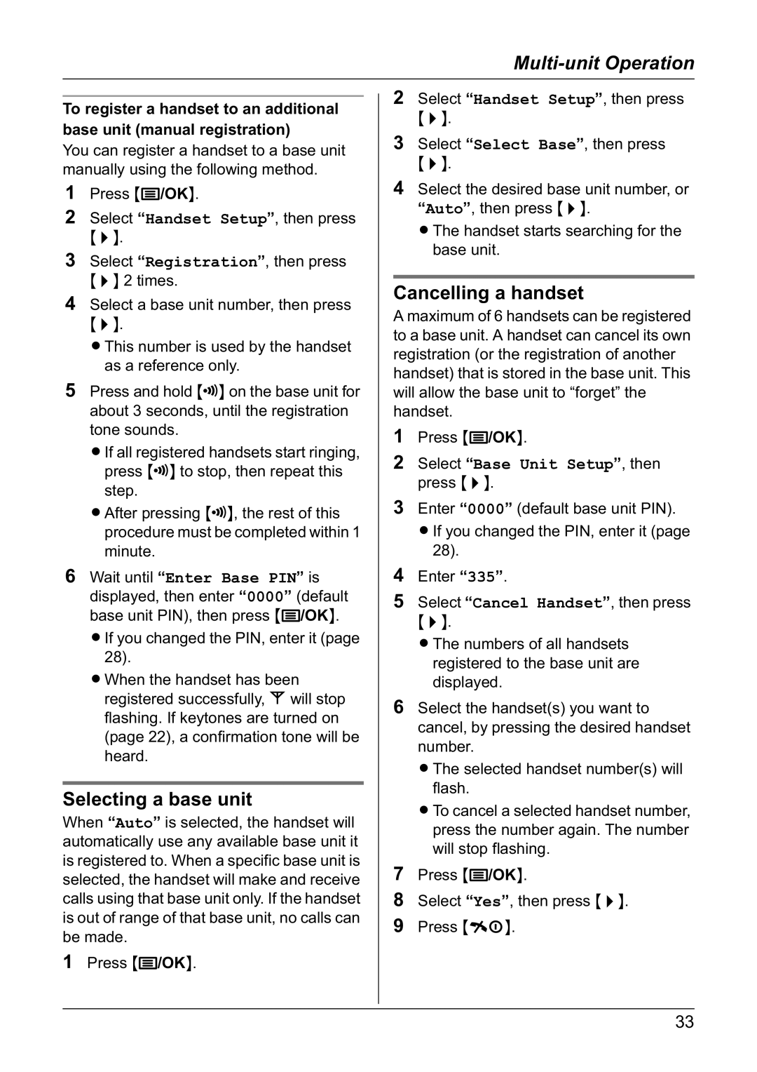 Panasonic KX-TG1810NZ operating instructions Selecting a base unit, Cancelling a handset 