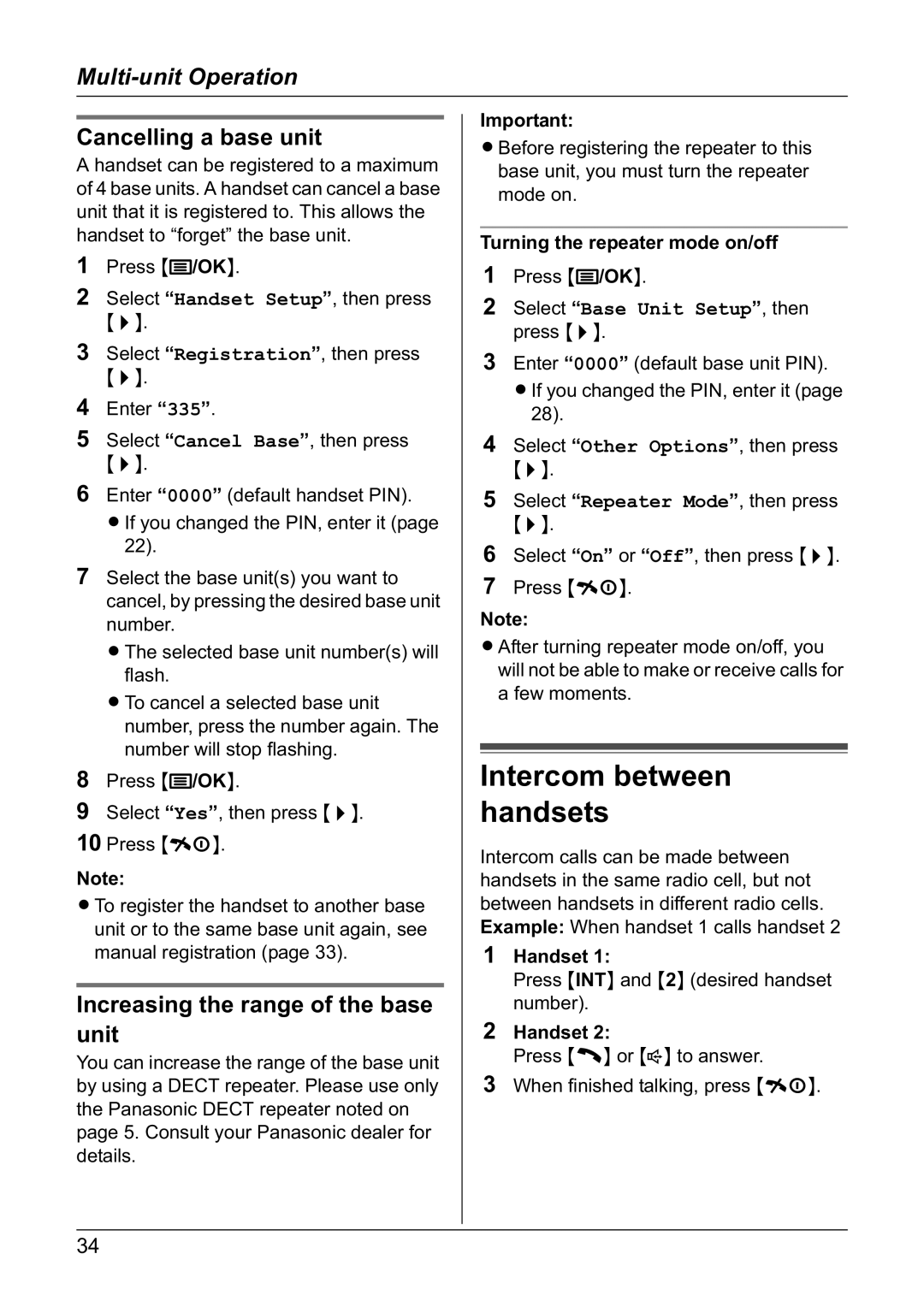 Panasonic KX-TG1810NZ Intercom between handsets, Cancelling a base unit, Increasing the range of the base unit, Handset 