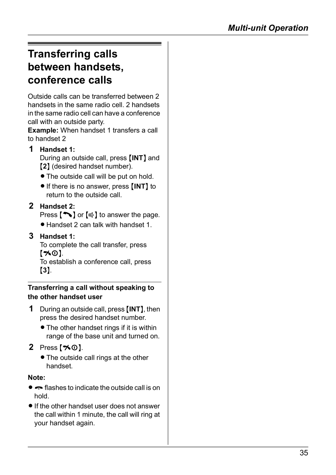 Panasonic KX-TG1810NZ operating instructions Transferring calls between handsets, conference calls 