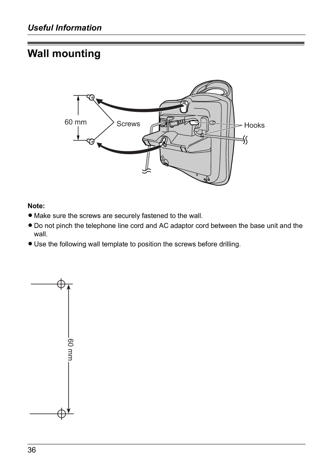 Panasonic KX-TG1810NZ operating instructions Wall mounting, mm Screws Hooks 