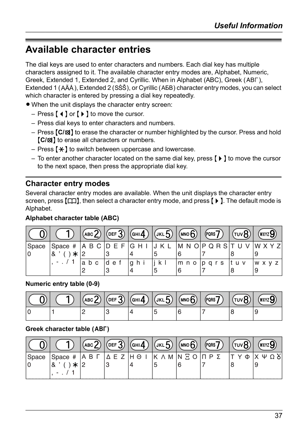 Panasonic KX-TG1810NZ operating instructions Available character entries, Character entry modes 