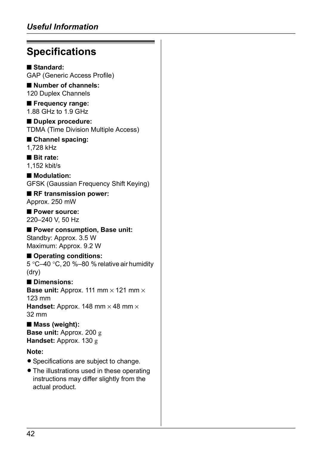 Panasonic KX-TG1810NZ operating instructions Specifications 