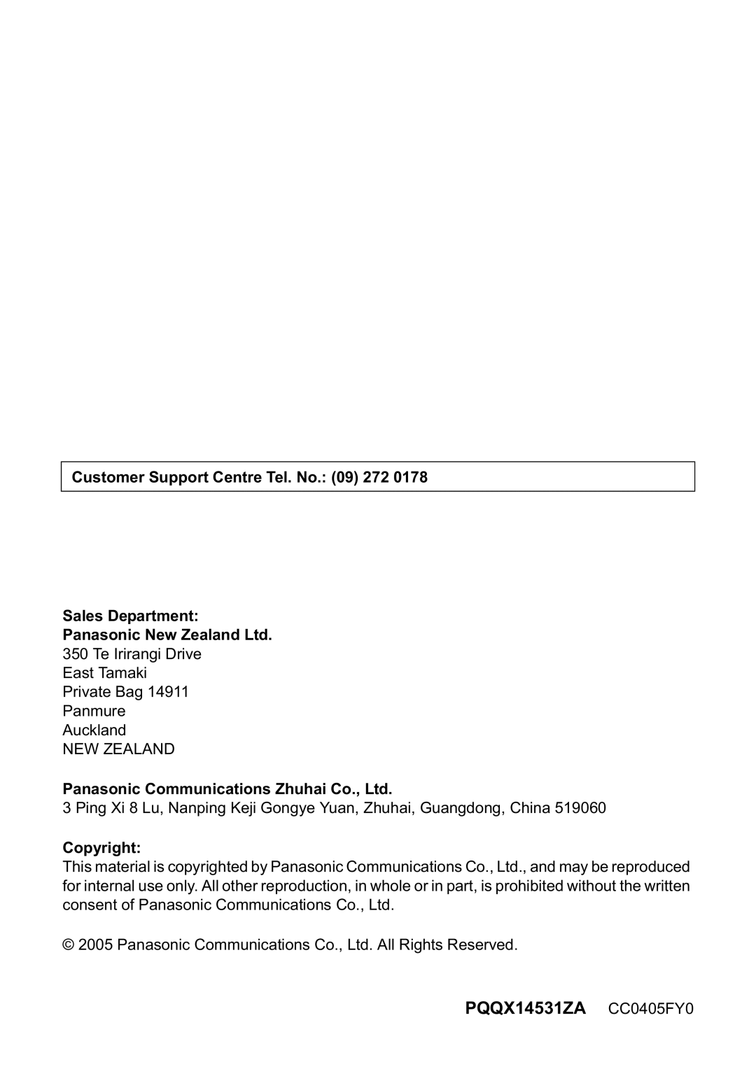 Panasonic KX-TG1810NZ operating instructions Customer Support Centre Tel. No 272 Sales Department, Copyright 