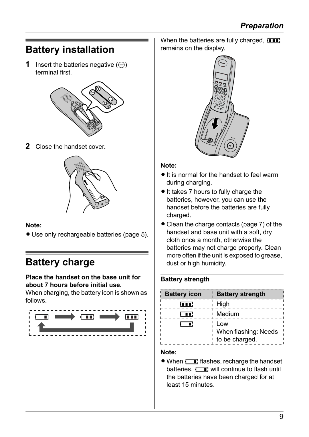 Panasonic KX-TG1810NZ operating instructions Battery installation, Battery charge, Battery strength Battery icon 