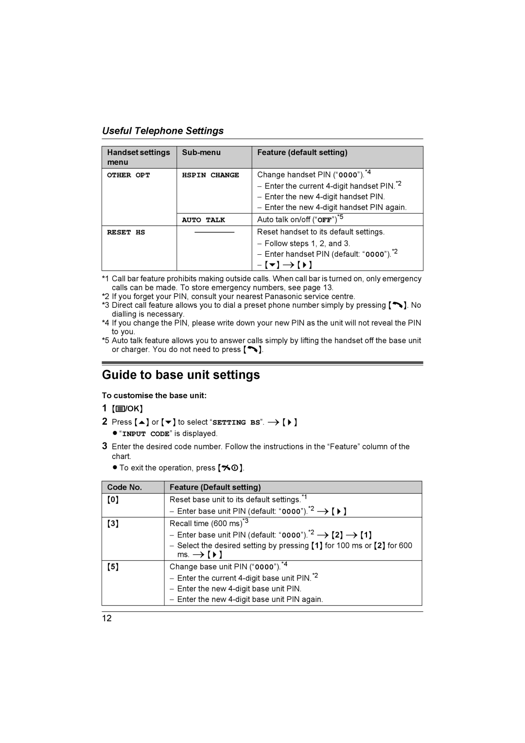 Panasonic KX-TG1811NZ Guide to base unit settings, To customise the base unit, Code No Feature Default setting 