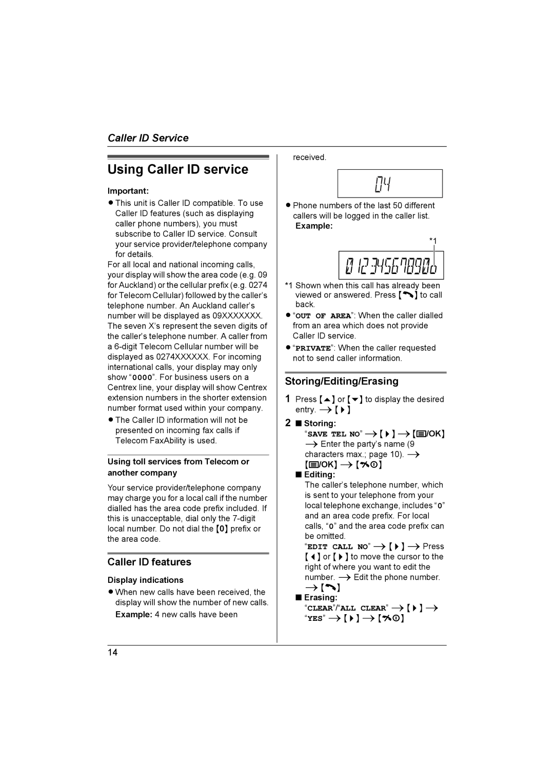 Panasonic KX-TG1812NZ, KX-TG1811NZ, KX-TG1813NZ Using Caller ID service, Caller ID features, Storing/Editing/Erasing 