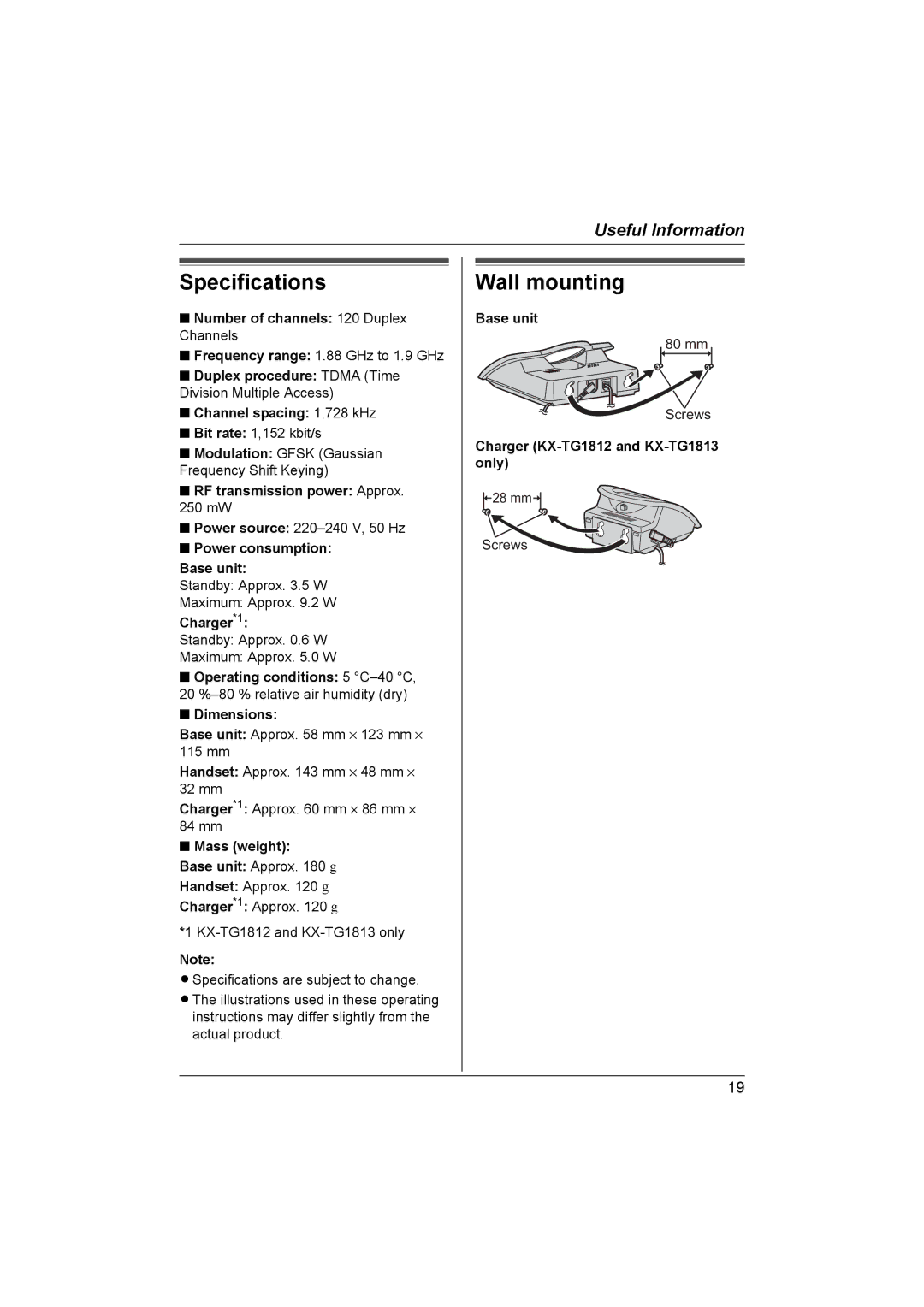 Panasonic KX-TG1813NZ, KX-TG1811NZ, KX-TG1812NZ operating instructions Specifications, Wall mounting 