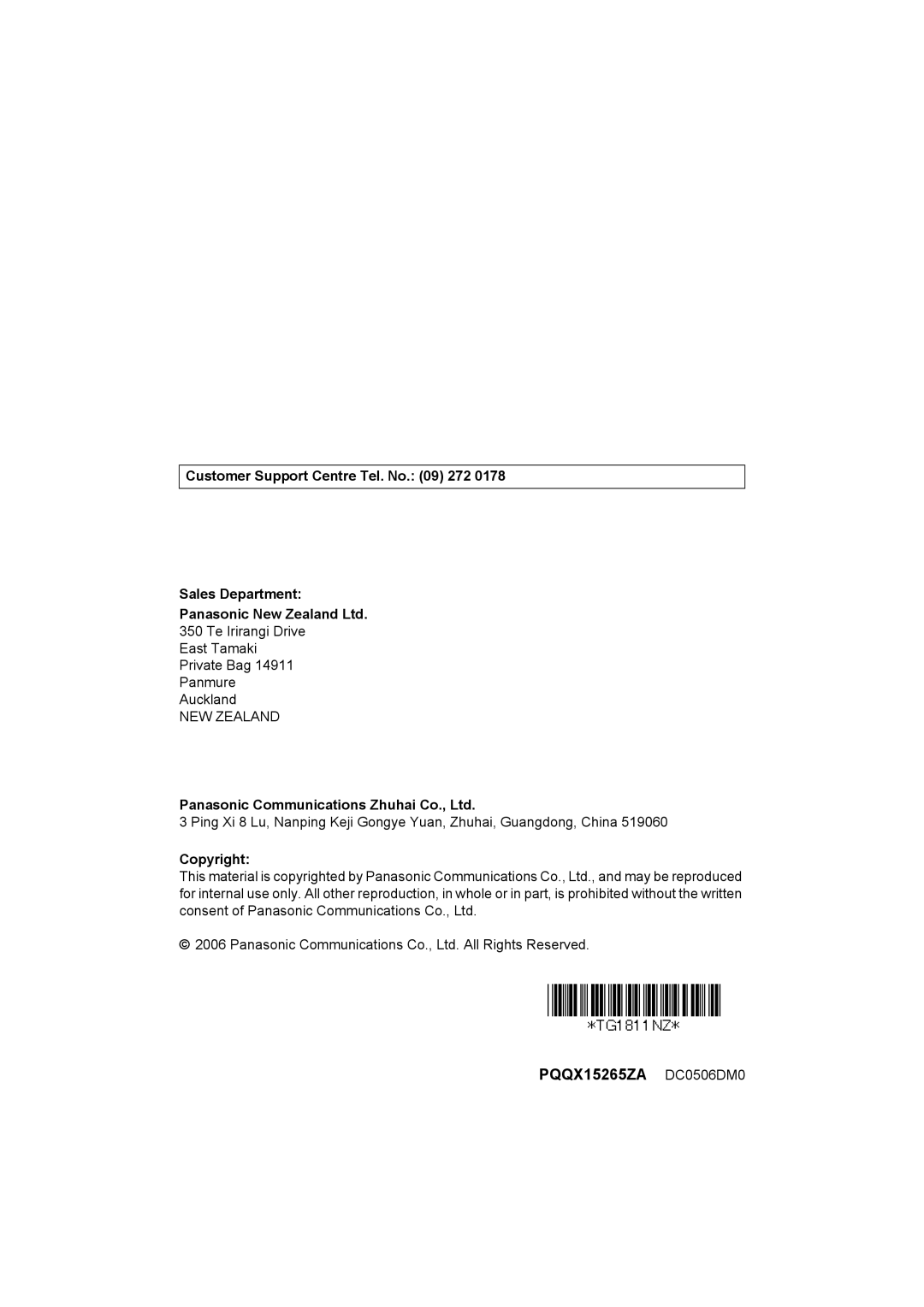 Panasonic KX-TG1812NZ, KX-TG1811NZ, KX-TG1813NZ Customer Support Centre Tel. No 272 Sales Department, Copyright 