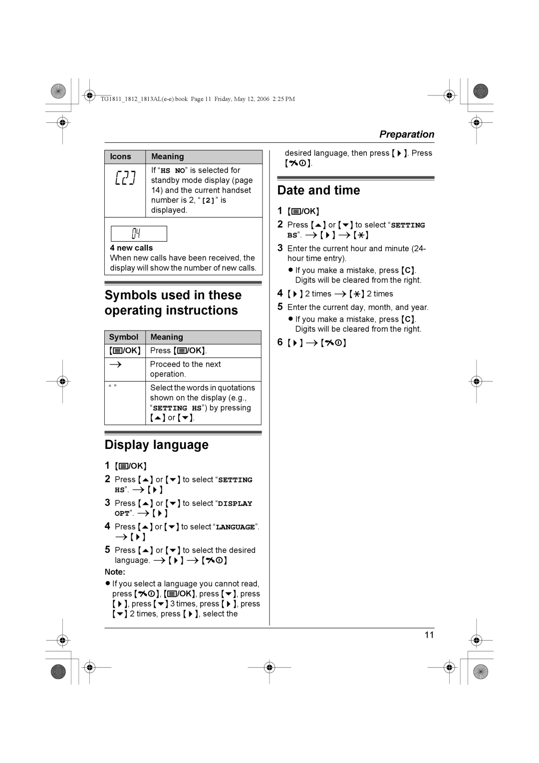 Panasonic KX-TG1812AL, KX-TG1813AL, KX-TG1811AL Display language, Date and time, New calls, Symbol Meaning Press j/OK 