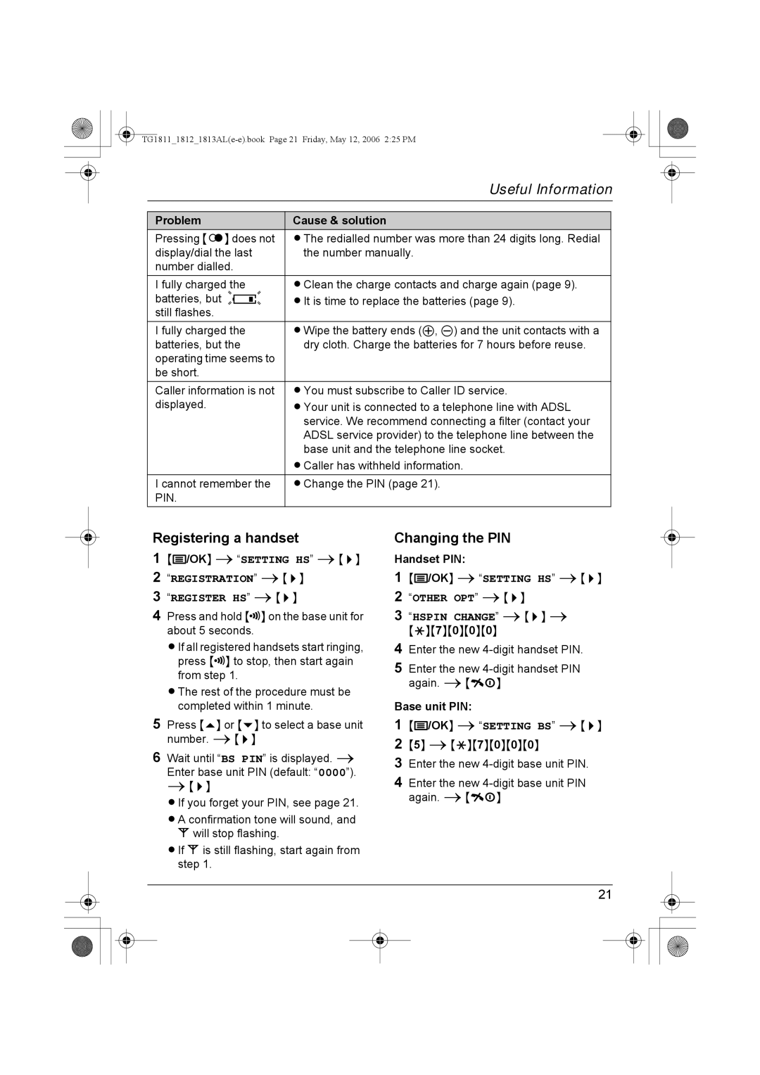 Panasonic KX-TG1811AL, KX-TG1813AL, KX-TG1812AL Registering a handset, Changing the PIN, Handset PIN, Base unit PIN 