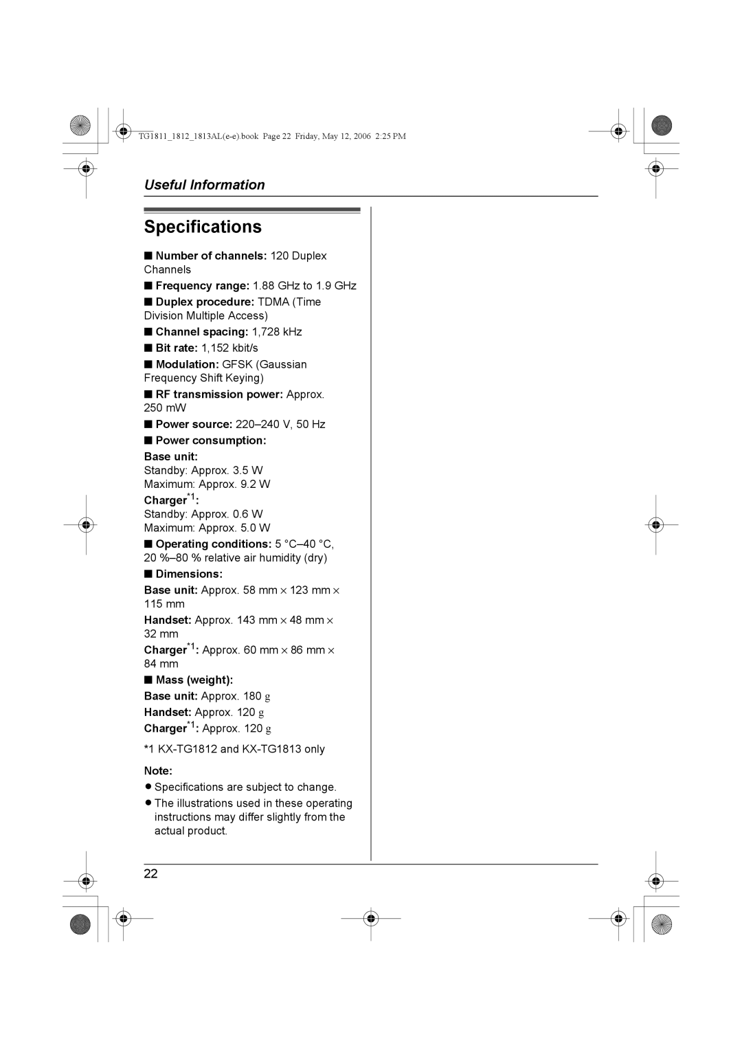 Panasonic KX-TG1813AL, KX-TG1811AL, KX-TG1812AL operating instructions Specifications 