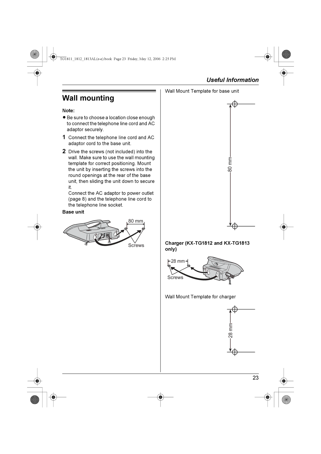 Panasonic KX-TG1812AL, KX-TG1813AL, KX-TG1811AL operating instructions Wall mounting, Charger KX-TG1812 and KX-TG1813 only 