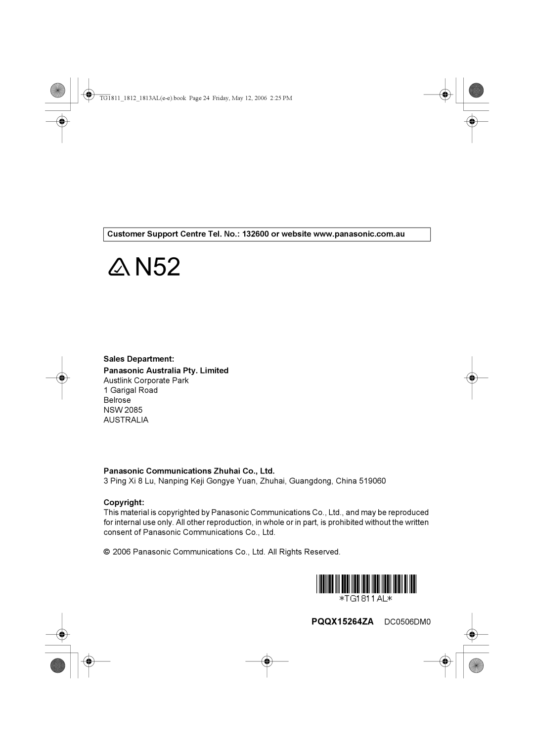 Panasonic KX-TG1813AL, KX-TG1811AL, KX-TG1812AL Sales Department Panasonic Australia Pty. Limited, Copyright 