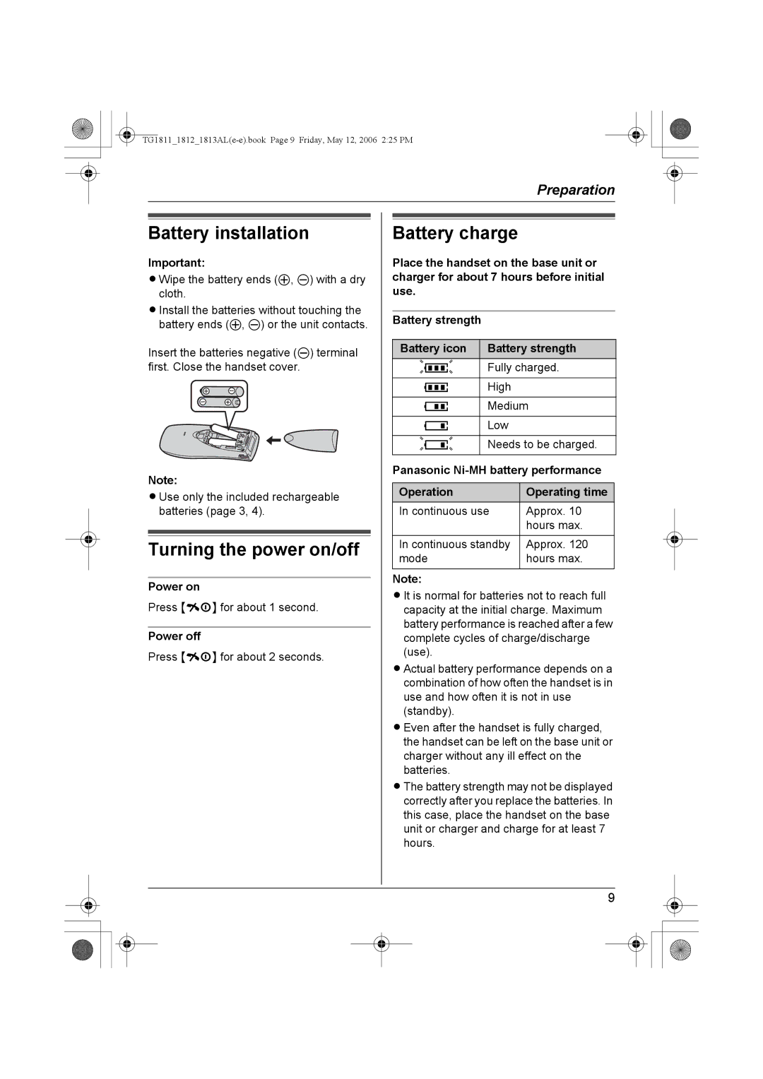 Panasonic KX-TG1811AL, KX-TG1813AL Battery installation, Turning the power on/off, Battery charge, Power on, Power off 