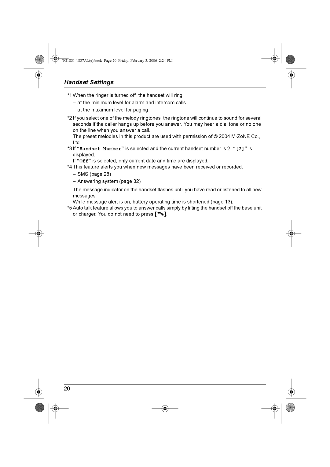 Panasonic KX-TG1831AL, KX-TG1837AL operating instructions TG1831-1837ALe.book Page 20 Friday, February 3, 2006 224 PM 