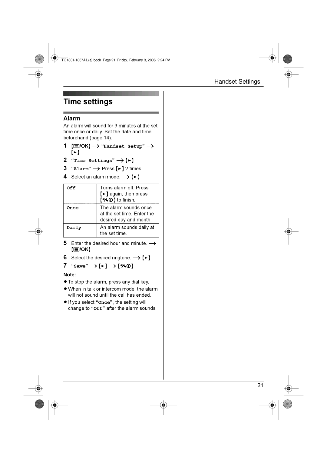 Panasonic KX-TG1837AL, KX-TG1831AL operating instructions Time settings, Alarm 