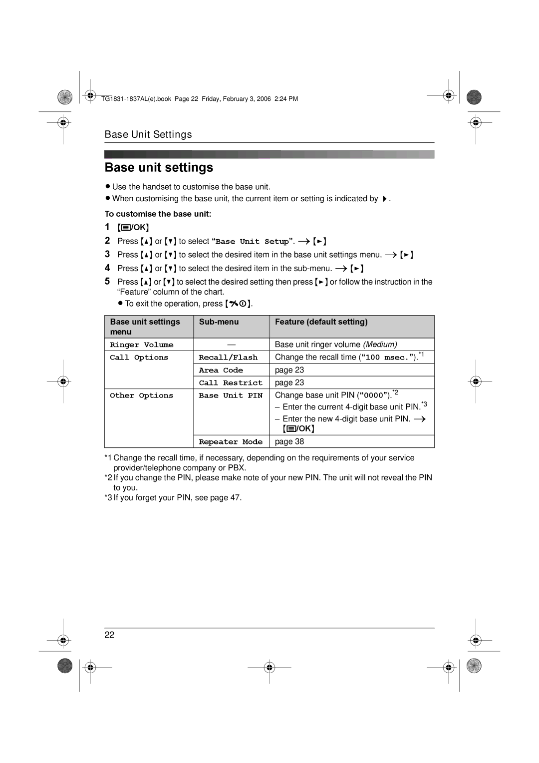 Panasonic KX-TG1831AL Base unit settings, Call Options Recall/Flash, Area Code Call Restrict Other Options Base Unit PIN 