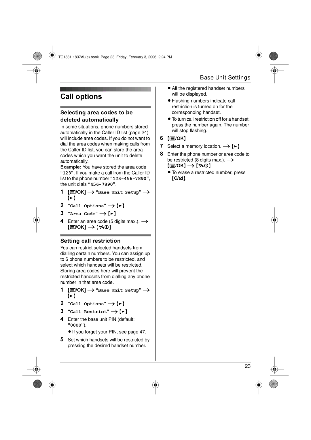 Panasonic KX-TG1837AL Call options, Selecting area codes to be deleted automatically, Setting call restriction 