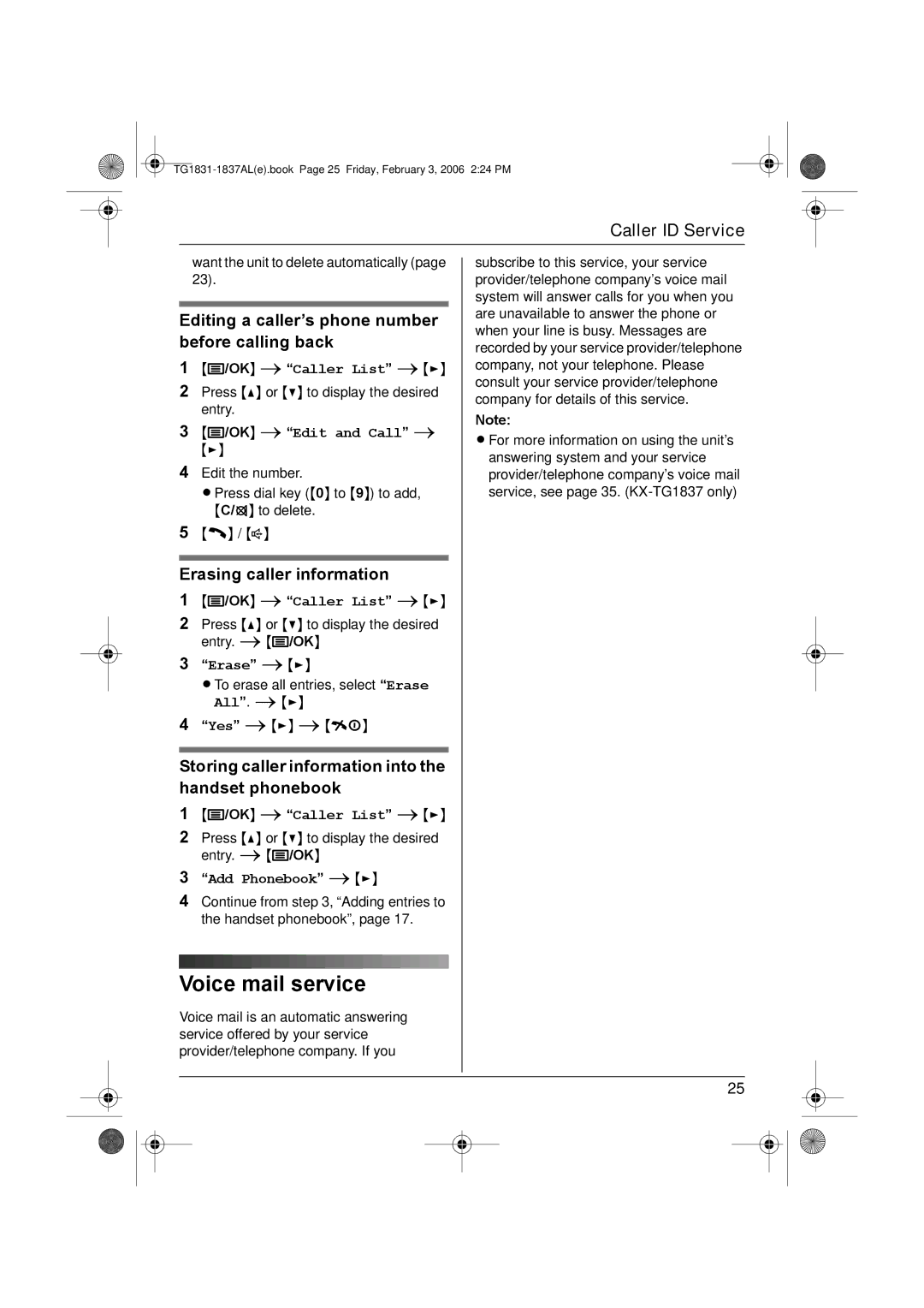 Panasonic KX-TG1837AL Voice mail service, Editing a caller’s phone number before calling back, Erasing caller information 