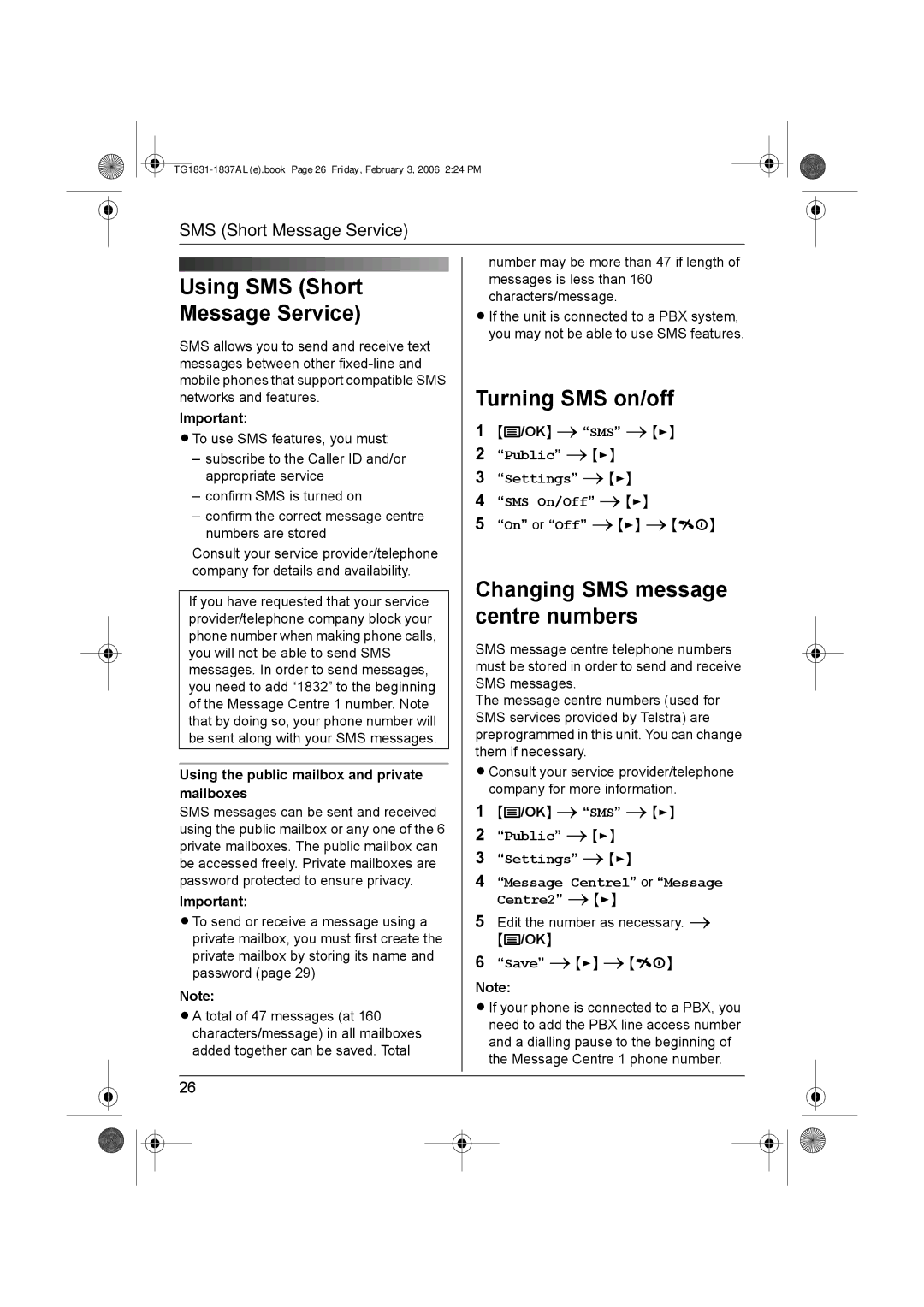Panasonic KX-TG1831AL Using SMS Short Message Service, Turning SMS on/off, Using the public mailbox and private mailboxes 