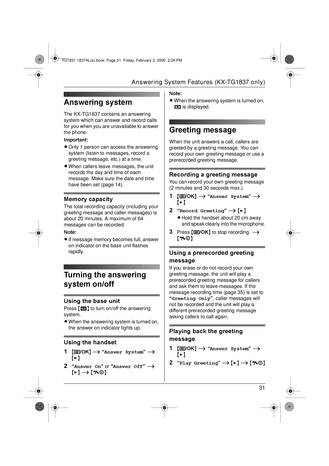 Panasonic KX-TG1837AL, KX-TG1831AL operating instructions Answering system, Greeting message 