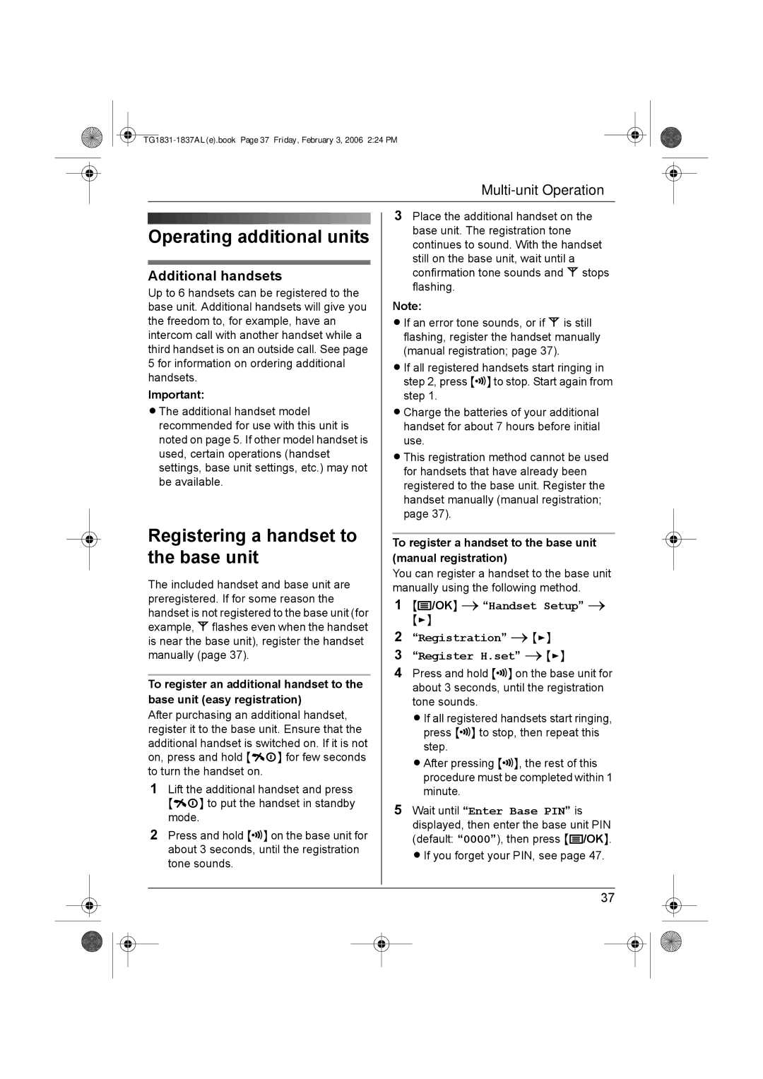 Panasonic KX-TG1837AL, KX-TG1831AL Operating additional units, Registering a handset to the base unit, Additional handsets 