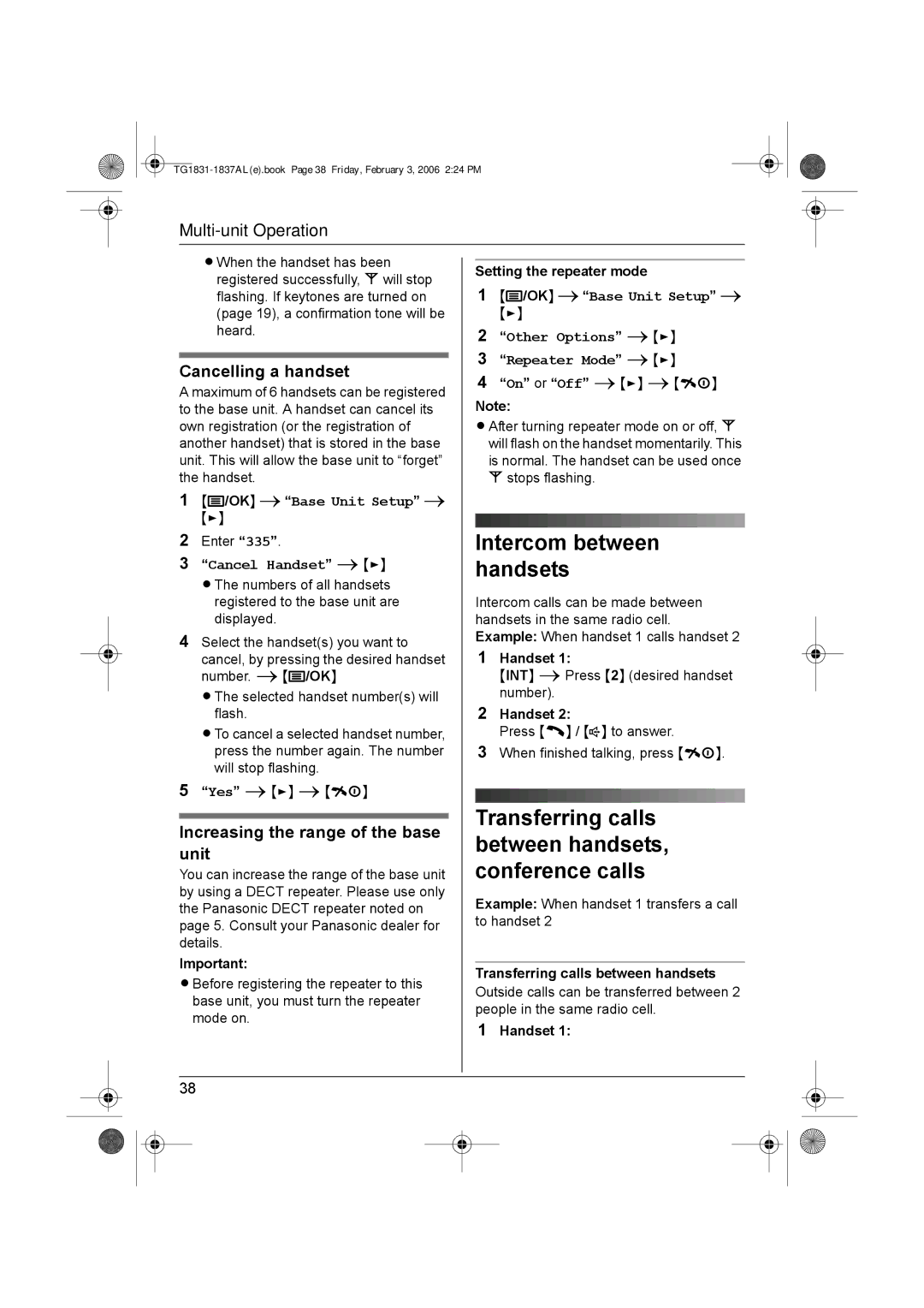 Panasonic KX-TG1831AL, KX-TG1837AL Cancelling a handset, Increasing the range of the base unit, OK iBase Unit Setup 