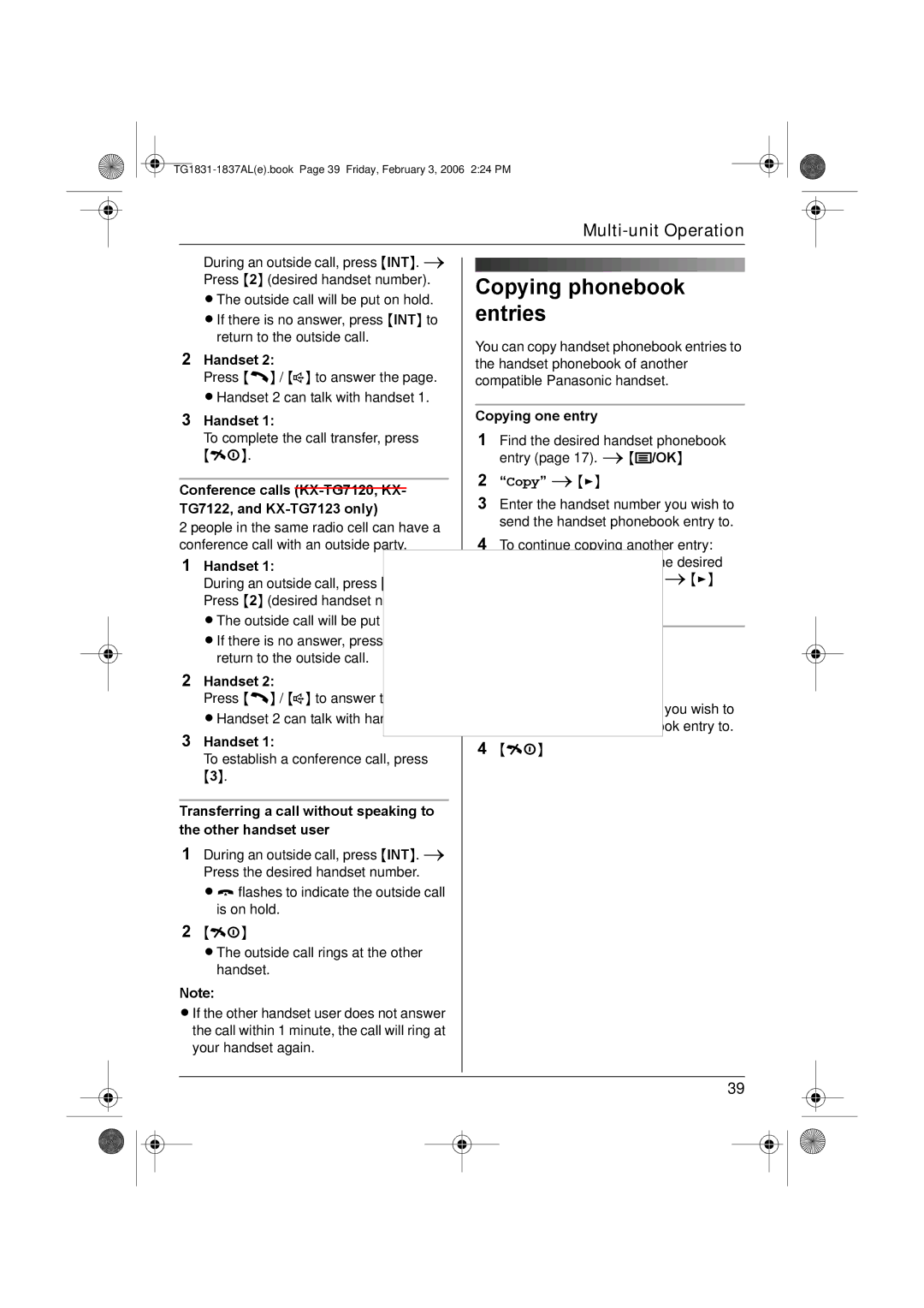 Panasonic KX-TG1837AL, KX-TG1831AL operating instructions Copying phonebook entries, Copy All 