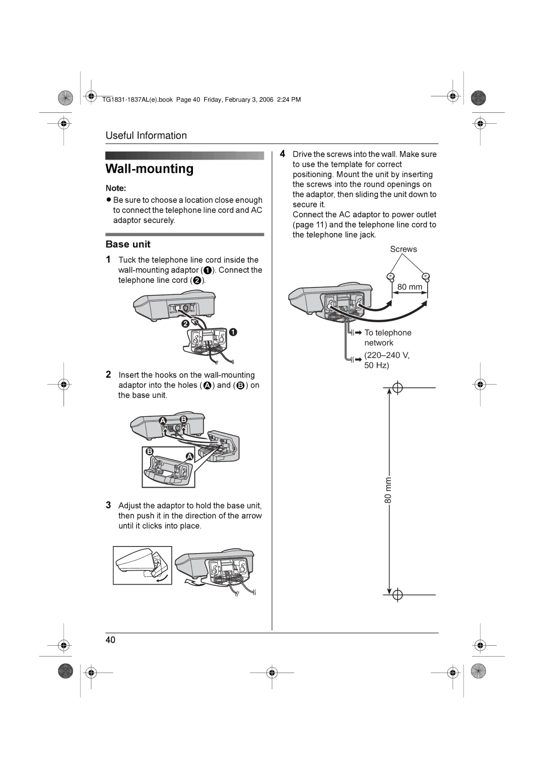 Panasonic KX-TG1831AL, KX-TG1837AL operating instructions Wall-mounting, Base unit 