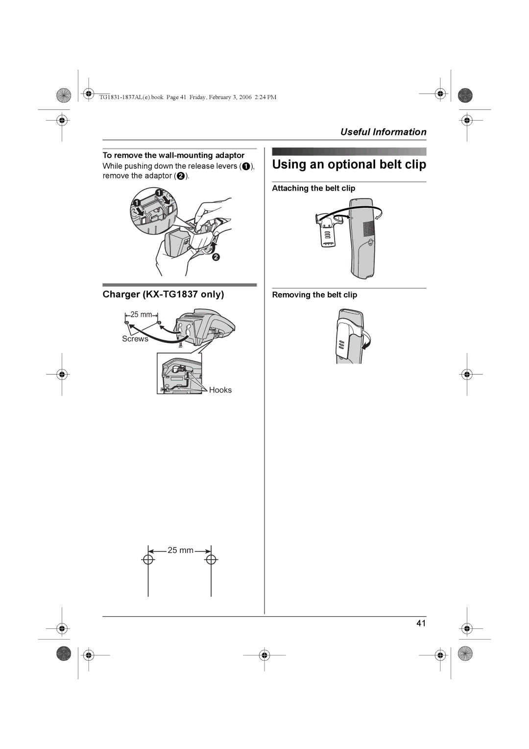 Panasonic KX-TG1837AL Using an optional belt clip, Charger KX-TG1837 only, Attaching the belt clip Removing the belt clip 