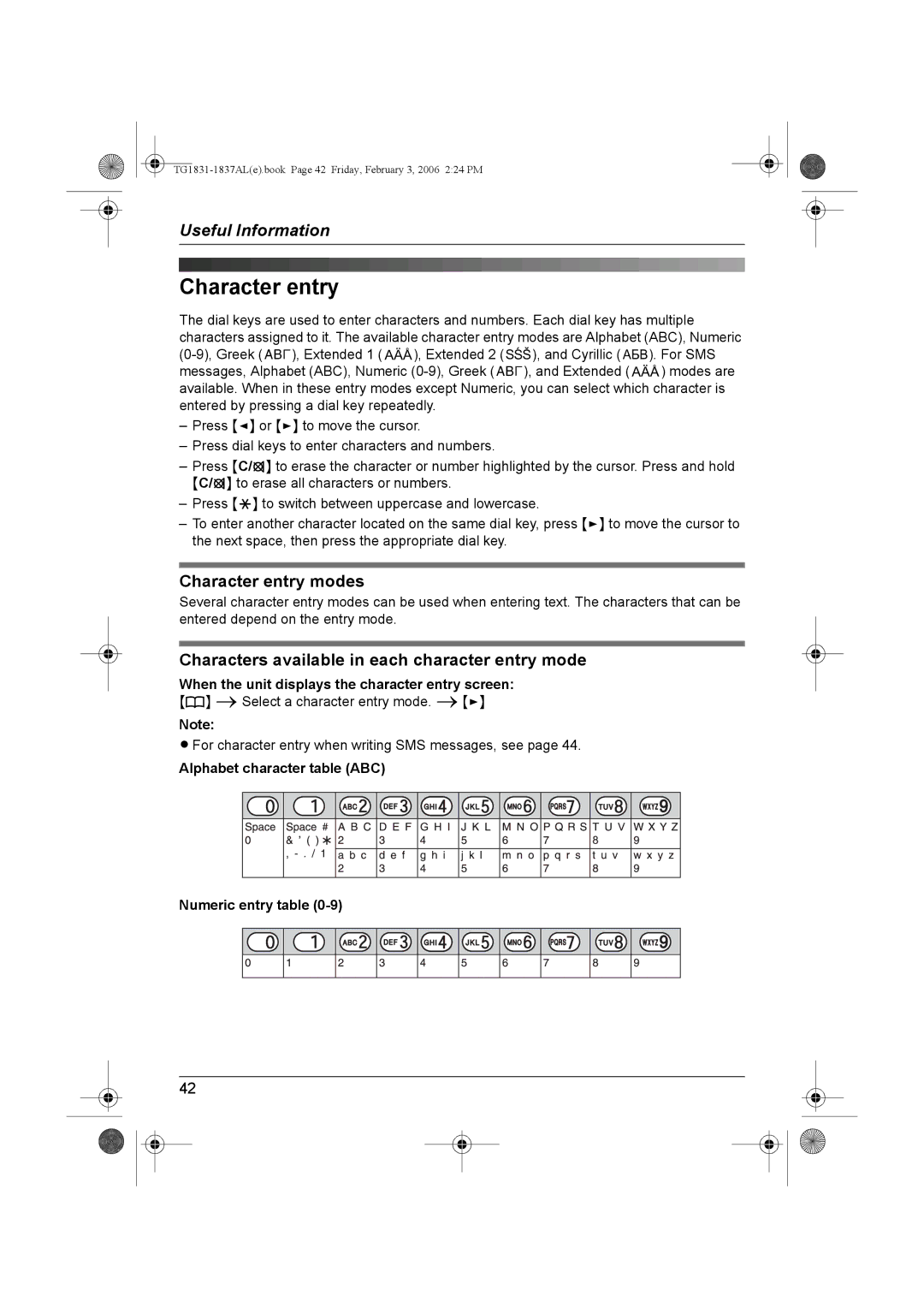 Panasonic KX-TG1831AL, KX-TG1837AL Character entry modes, Characters available in each character entry mode 