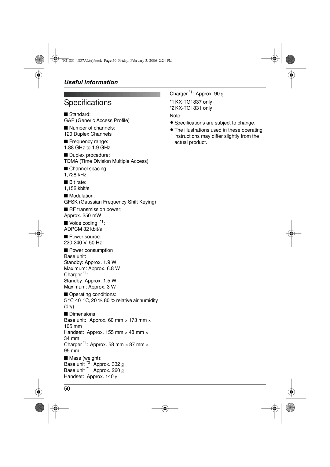 Panasonic KX-TG1831AL, KX-TG1837AL operating instructions Specifications 