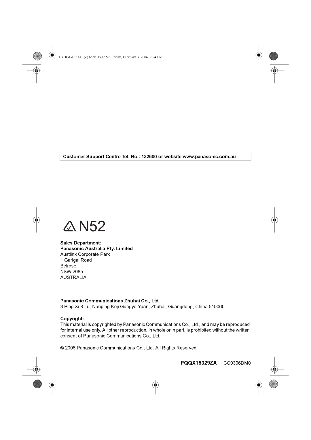 Panasonic KX-TG1831AL, KX-TG1837AL operating instructions Sales Department Panasonic Australia Pty. Limited, Copyright 