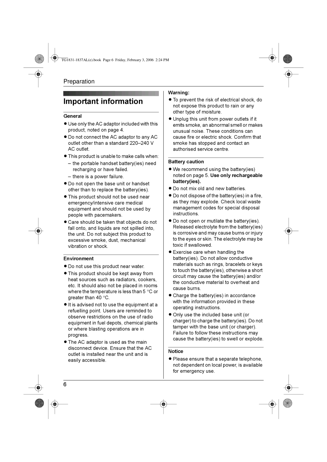 Panasonic KX-TG1831AL, KX-TG1837AL operating instructions Important information, General, Environment, Battery caution 