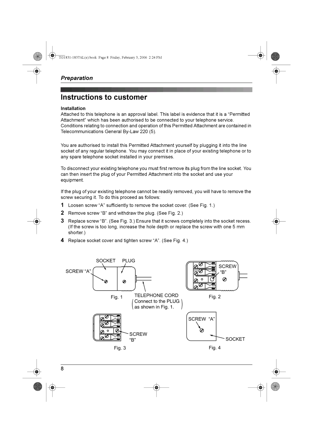 Panasonic KX-TG1831AL, KX-TG1837AL operating instructions Instructions to customer, Installation 