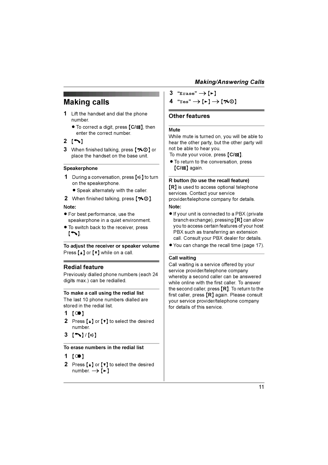 Panasonic KX-TG1831NZ operating instructions Making calls, Redial feature, Other features, Erase 