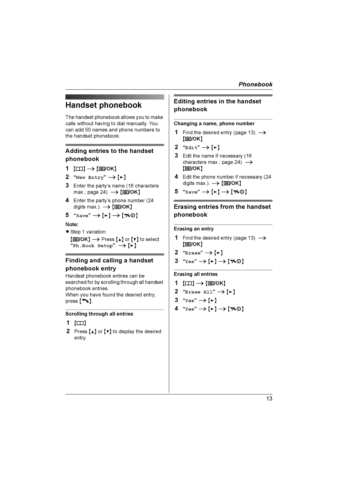 Panasonic KX-TG1831NZ Handset phonebook, Adding entries to the handset phonebook, Editing entries in the handset phonebook 