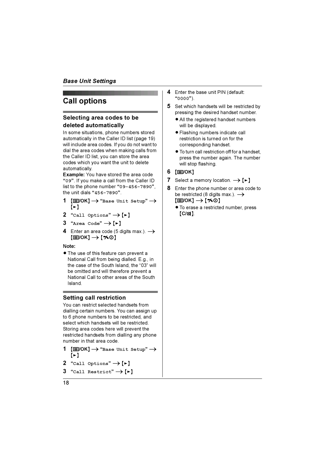 Panasonic KX-TG1831NZ Call options, Selecting area codes to be deleted automatically, Setting call restriction 