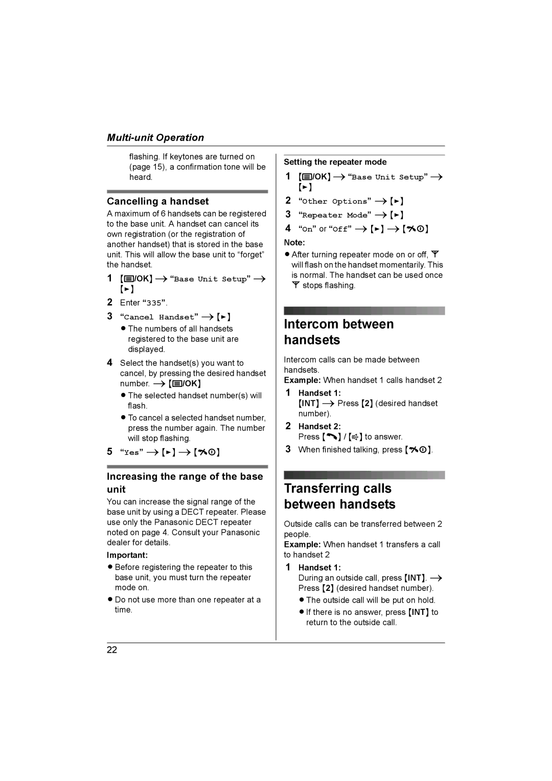 Panasonic KX-TG1831NZ Cancelling a handset, Increasing the range of the base unit, OK iBase Unit Setup 