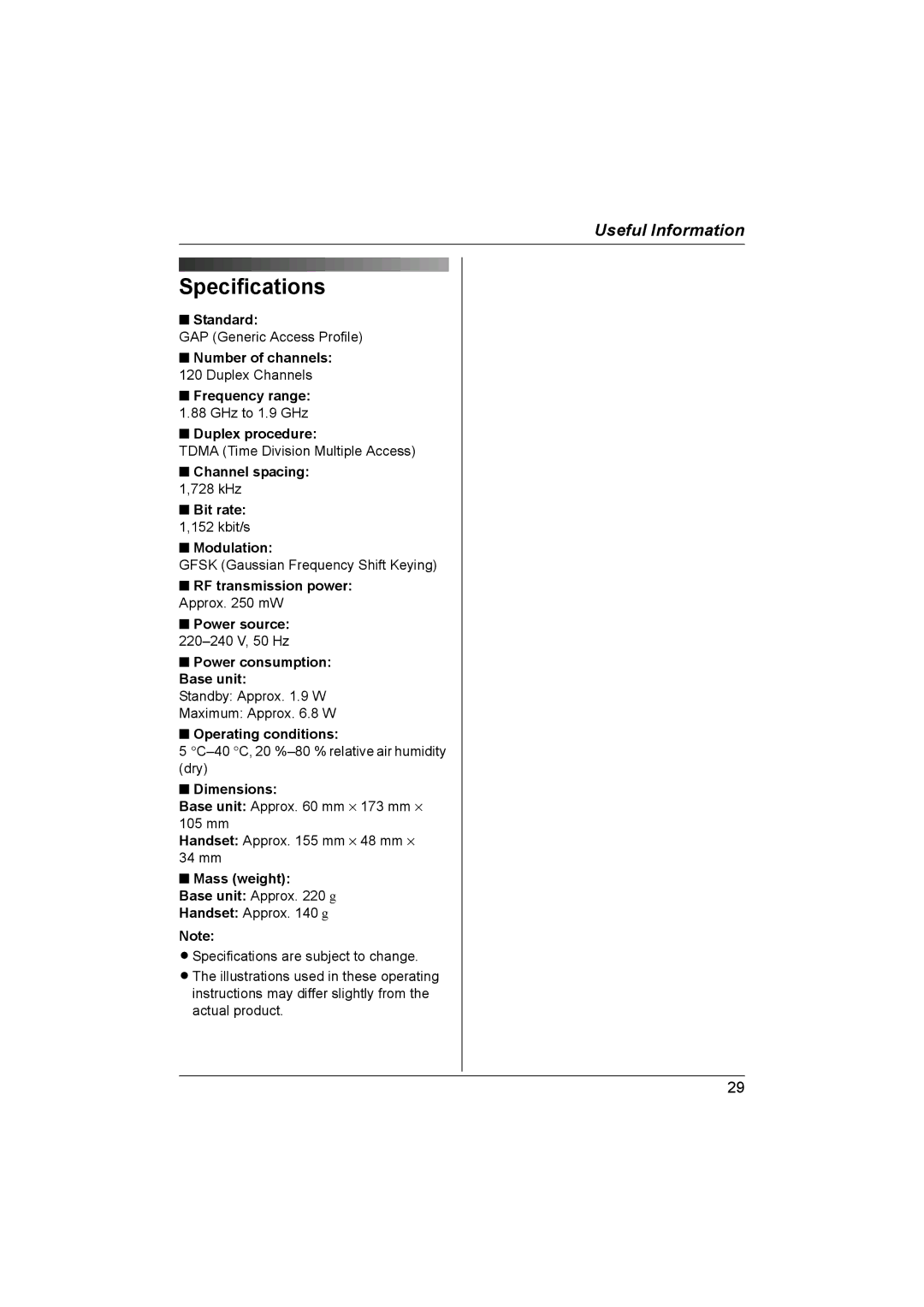 Panasonic KX-TG1831NZ operating instructions Specifications 