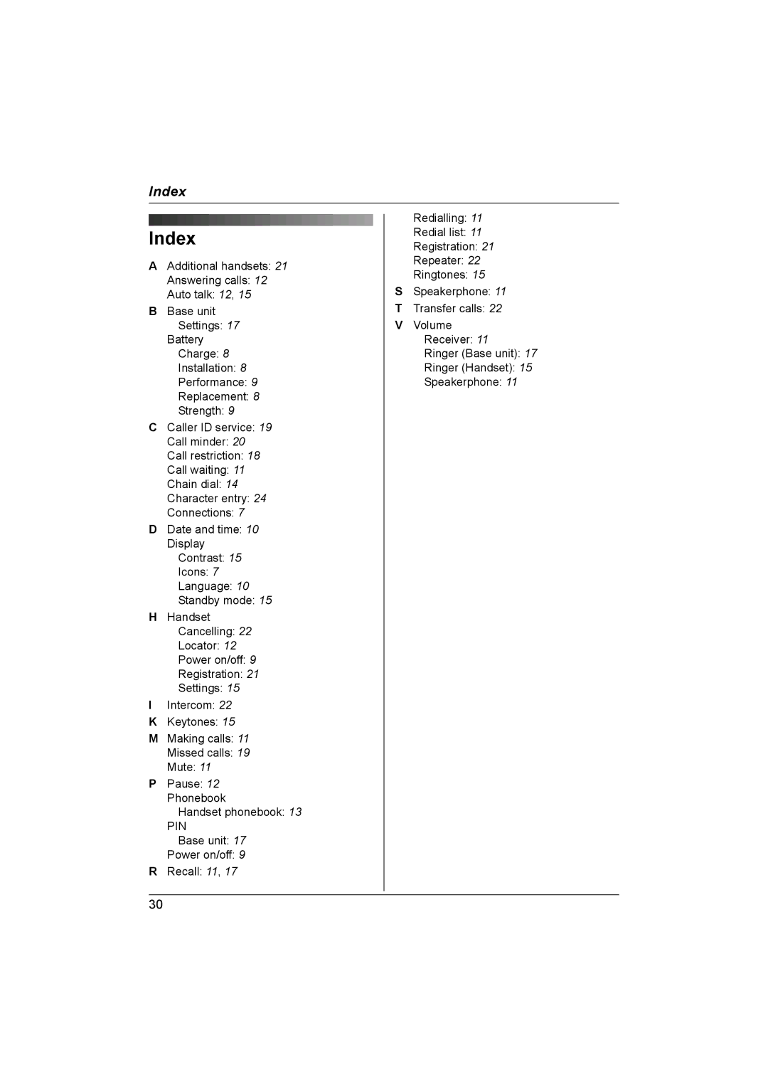 Panasonic KX-TG1831NZ operating instructions Index, Pin 