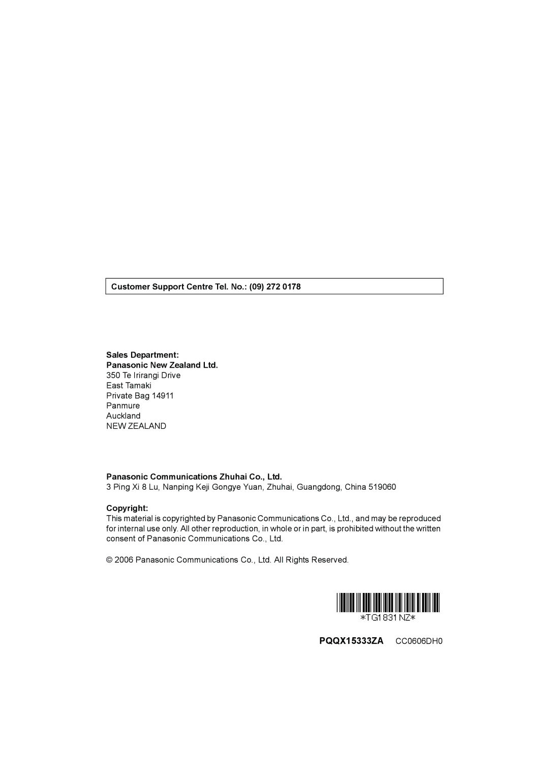 Panasonic KX-TG1831NZ operating instructions Customer Support Centre Tel. No 272 Sales Department, Copyright 