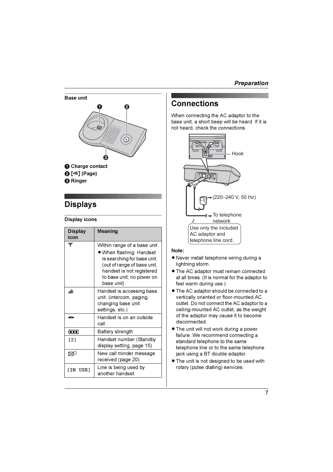 Panasonic KX-TG1831NZ Displays, Connections, Base unit Charge contact B x Ringer, Display icons Display Meaning icon 