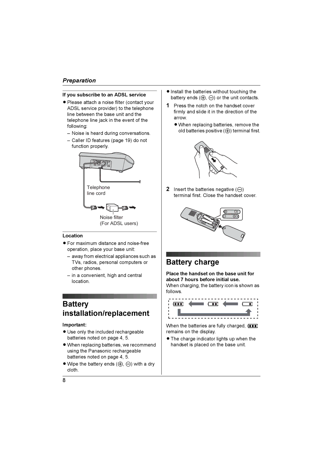 Panasonic KX-TG1831NZ operating instructions Battery charge, If you subscribe to an Adsl service, Location 