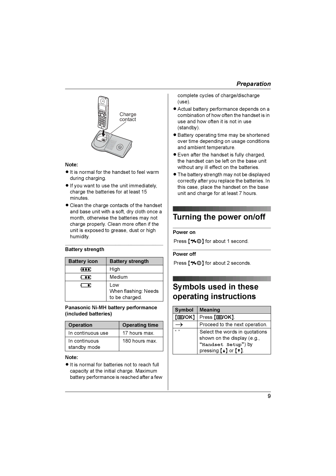 Panasonic KX-TG1831NZ operating instructions Turning the power on/off, Battery strength Battery icon, Power on, Power off 