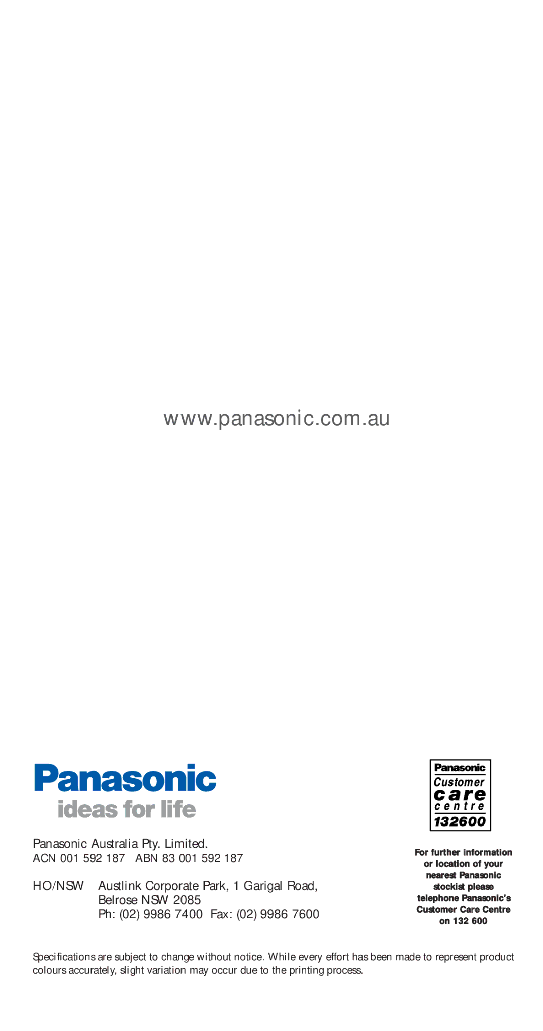 Panasonic KX-TG1840, TG1843ALS manual HO/NSW Austlink Corporate Park, 1 Garigal Road 