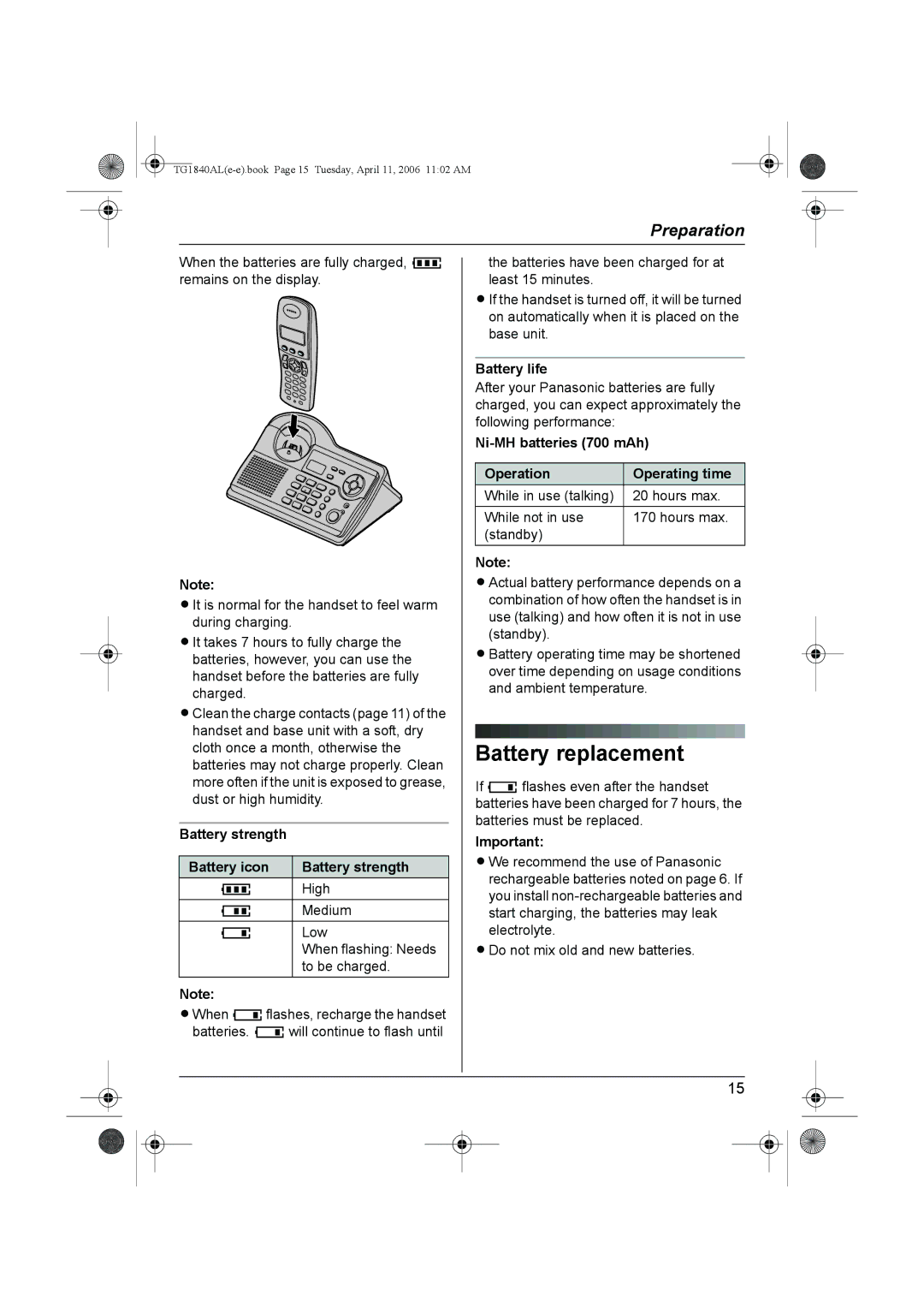 Panasonic KX-TG1840AL operating instructions Battery replacement, Battery strength Battery icon, Battery life 